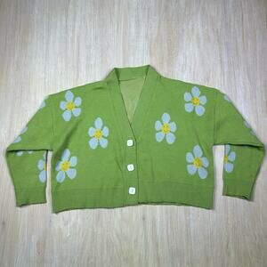 Floral Daisy Knit Top Green Smiley Faces Retro Y2K Cropped Cardigan Sweater OS